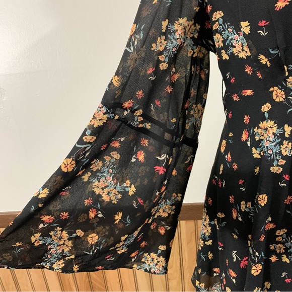 Free People Chiffon Lilou Black Floral Faux Wrap Mini Dress (Medium) - Picture 7 of 15